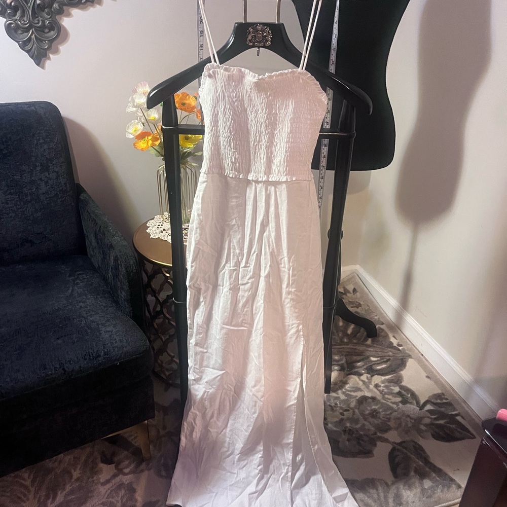 NWT Zara Strapless White Maxi Dress with Slit and Tieback